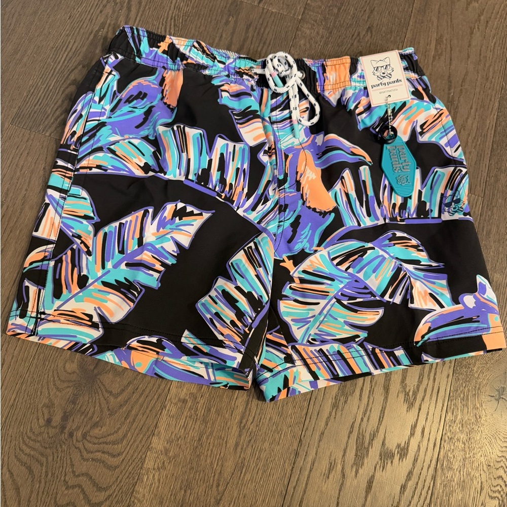 Party Pants Captain Toucan Men's Black Tropical Print Swim Trunks. Size M. NWT